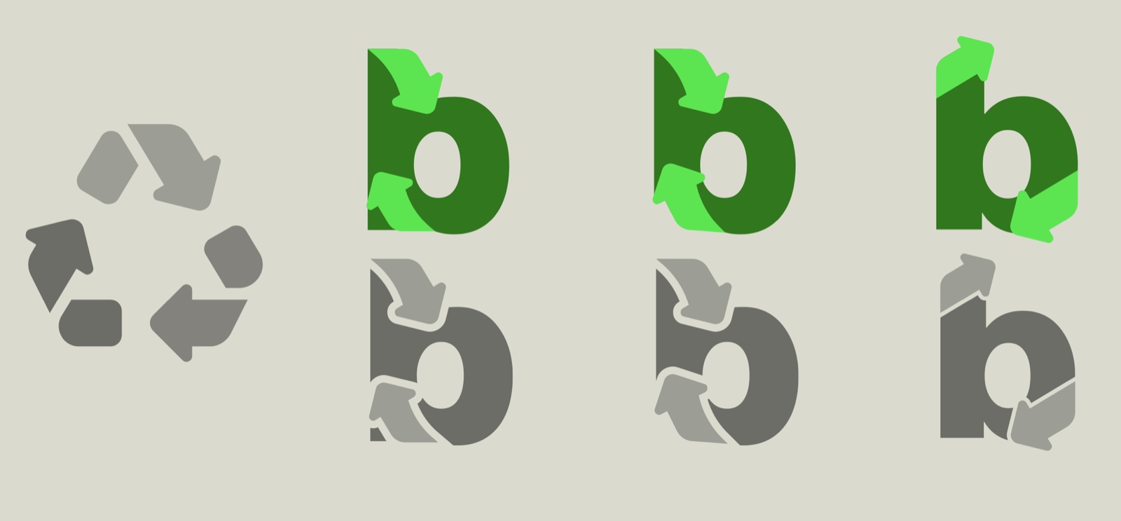 Ecobel logo construction: recycling symbol evolving into the b letterform, in color and grayscale